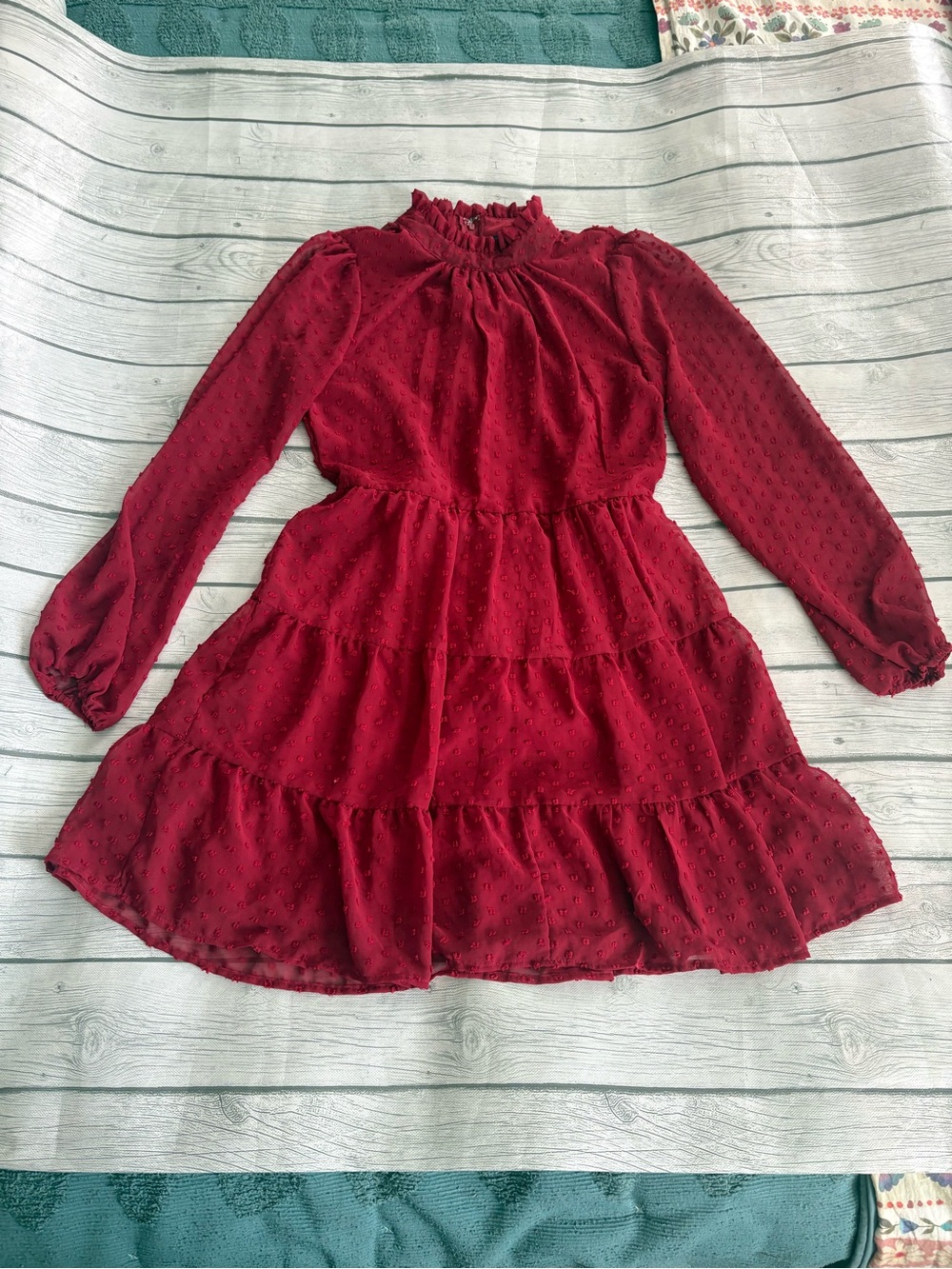 Trixxi Burgundy Long-Sleeve Tiered Ruffle Dress